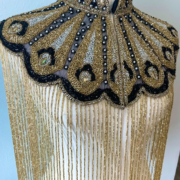 Gold Peacock Design Hand Beaded Fringe Cape - Picture 3 of 6